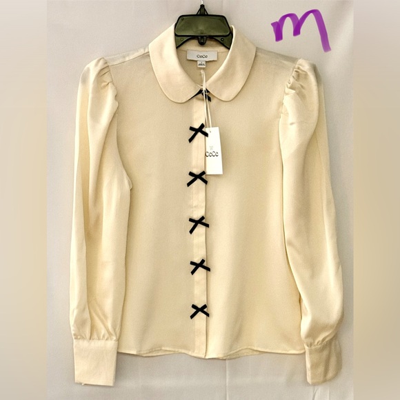 CeCe Tops - CeCe Ivory Blouse with Black Bow Details